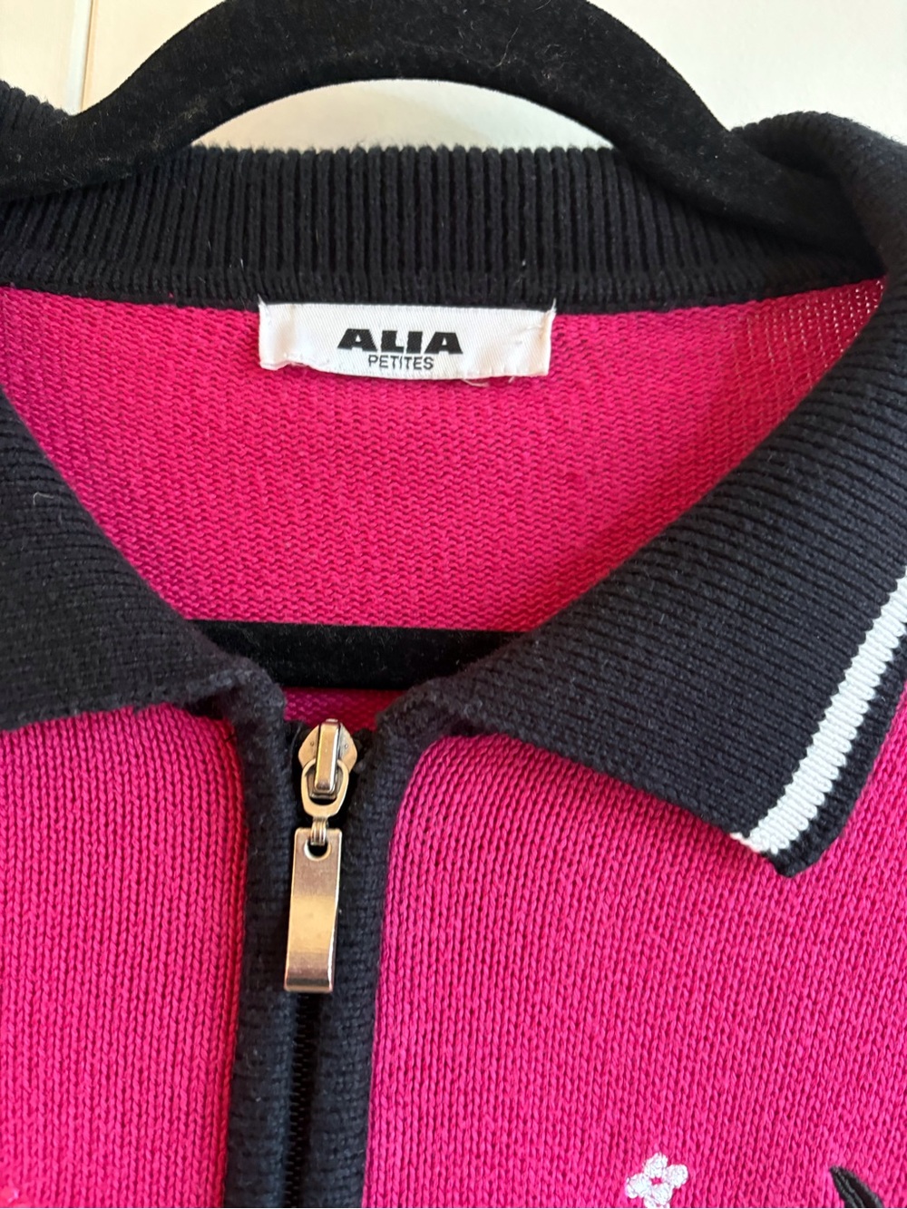 Alia Pink and Black Zip-Up Cardigan Sweater with Floral Embroidery - Picture 3 of 5